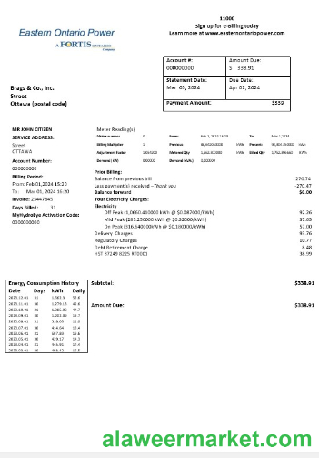 Canada Eastern Ontario Power business utility bill template in Word and pdf formats